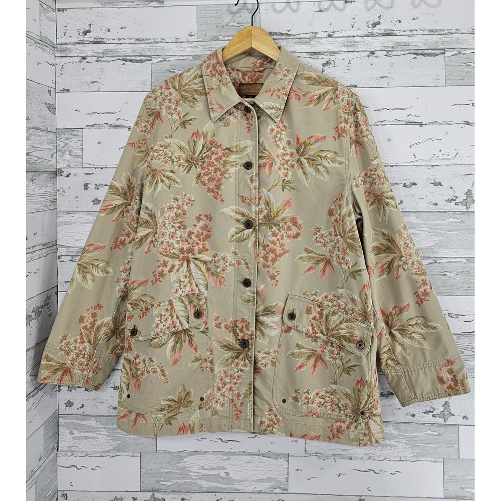 Jones New York Signature Floral Cotton Canvas Field Jacket Tan Pink Women Large